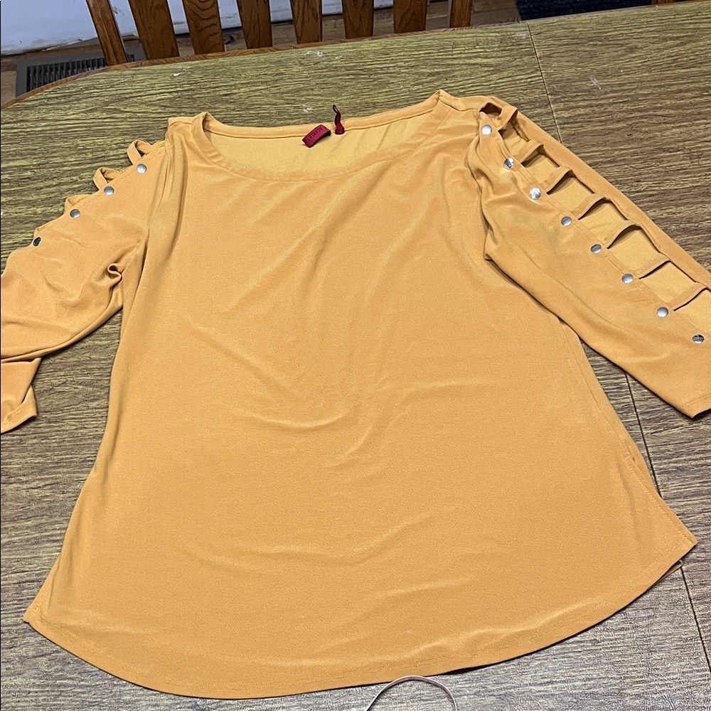 3/$10-Scarlett Mustard Blouse with Cut-Out Sleeves - Picture 1 of 5